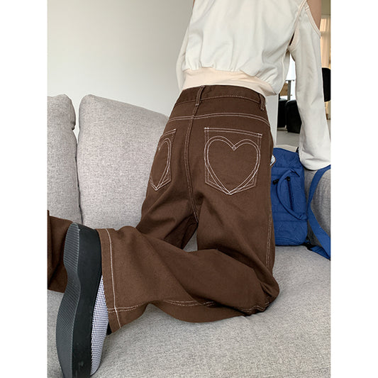 Women's Autumn And Winter Brown Wide-leg Jeans