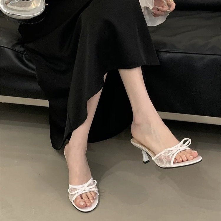 French Style Lace Bow Kitten Heel Mules For Women