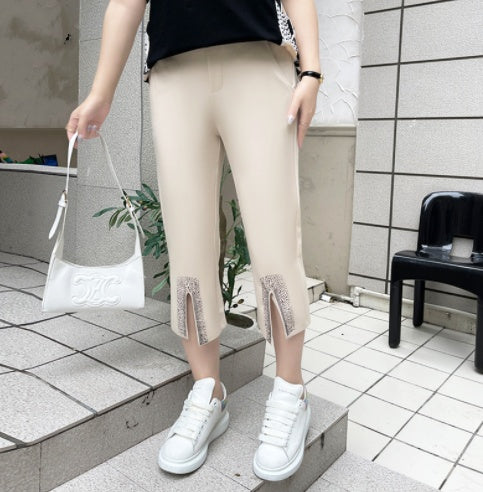 High Waist Cropped Pants Elastic All Match Hot Drill Casual