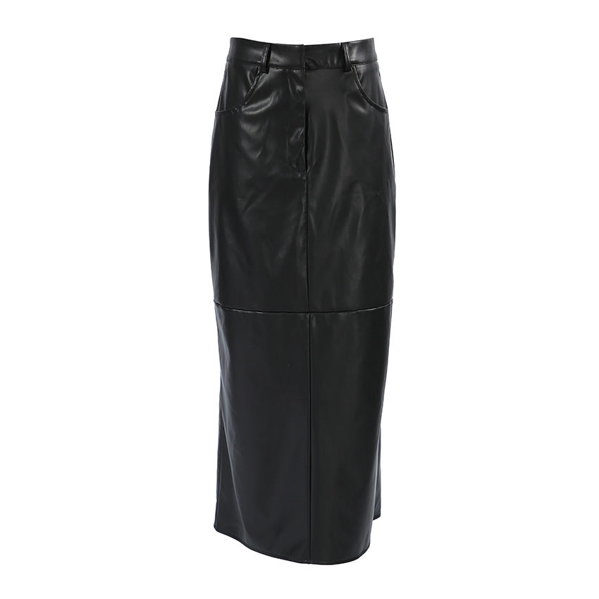 French Commuter Black PU Leather Skirt High-grade Split Straight Skirt