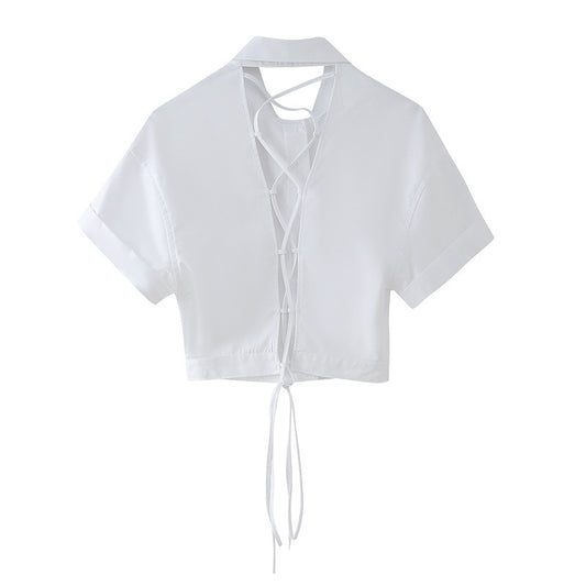 Preppy Style Fashion Sweet Short Back Lace-up Shirt