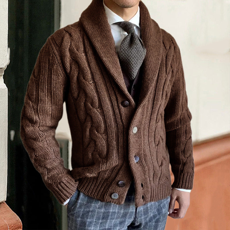 High-neck Twisted Knit Long Sleeve Sweater Coat For Men