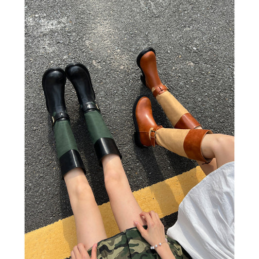 Color-block High-top Knight Boots Back Zipper Mid-heel Women's Boots