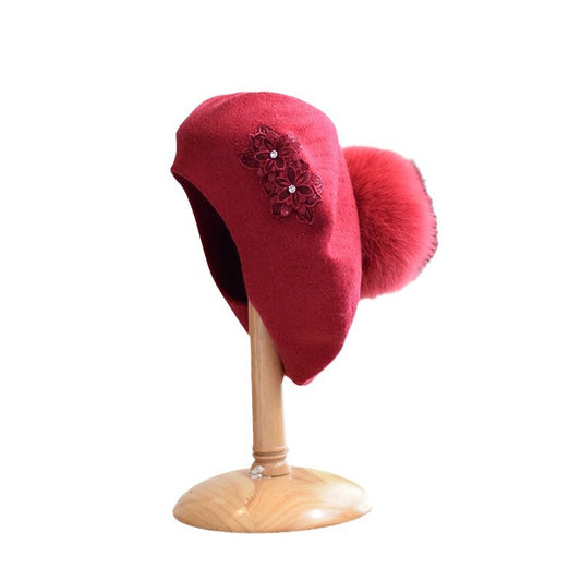 New Wool Double-layer Rhinestone Flower Knitted Beret Women's