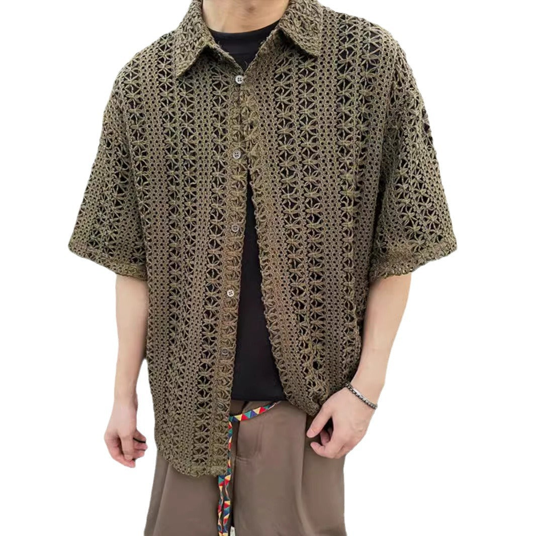 Retro Hollow-out Knitted Short Sleeve Men's Summer