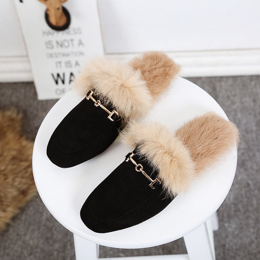 Rabbit Fur Suede Half Slippers Leather Fur Ball Flat Fur Shoes