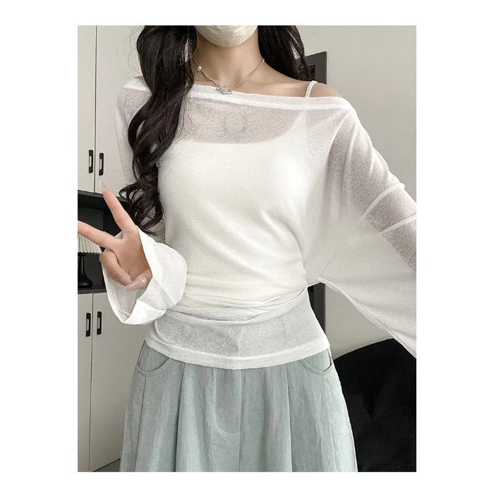 Outerwear Slightly Sheer Air-conditioning T-shirt With A Fitted Waist And Off-the-shoulder Design