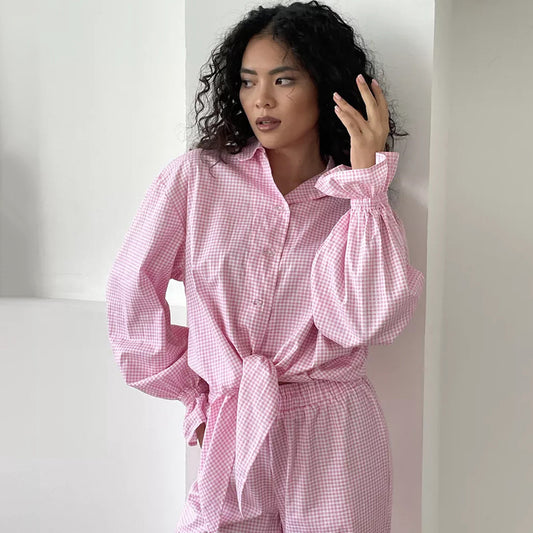 Plaid Ruffled Long-sleeve Cardigan And Tie-front Pants Two-piece Set