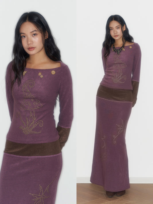 Purple And Coffee-Colored Soft Cozy Towel-Weave Base-Layer Set Dress In A Botanical Style For FallWinter