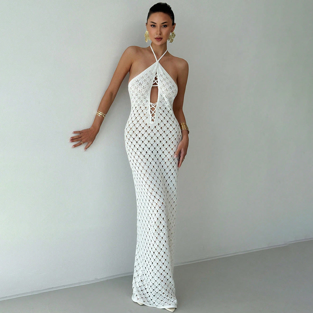 Neck-strap Lace-up Hollow-out Dress For Women