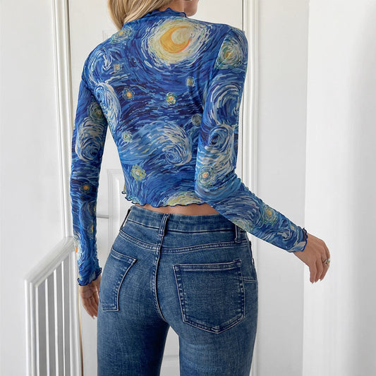Blåtrykt Kort T-shirt med Lille Standkrave og Stjernehimmel-Net