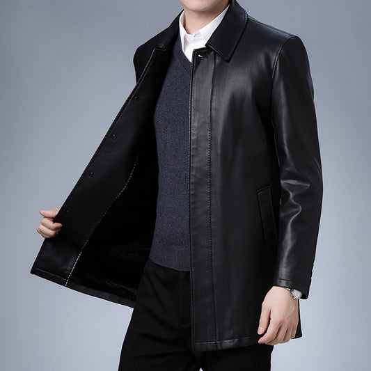 Lapel Leather Coat Men's Fleece Padded Leather Jacket