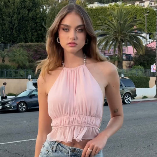 Street-style Sexet Udskåret Plisseret Ensfarvet Halter Tanktop