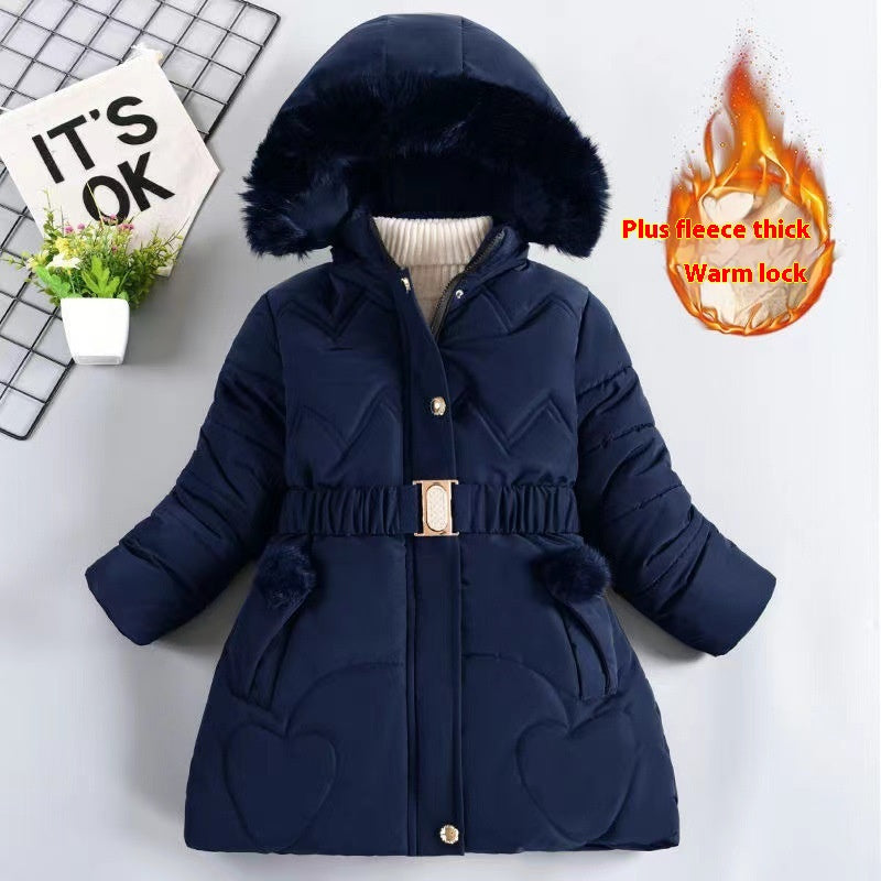 Girls' Mid-length Fleece-lined Thickened Cotton Coat