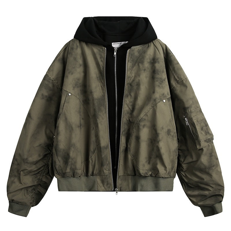 Retro Tie-Dye Hooded Jacket With A Mock Two-Piece Design