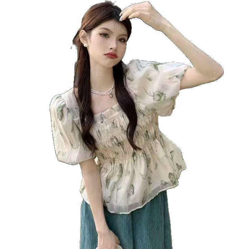 Unique Floral-print Square-neck Top For Summer