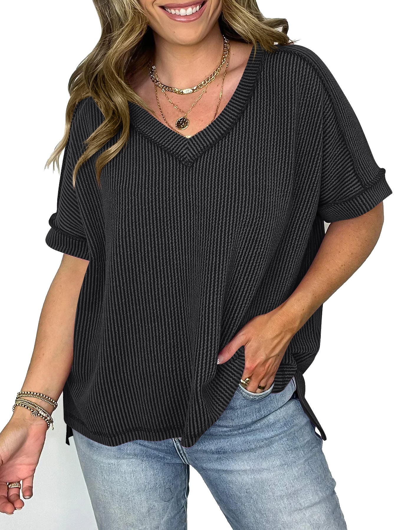 New Twist Strip V-neck Pullover T-shirt