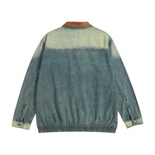 Men's Spring And Autumn Color Matching PU Leather Lapel Zipper Jacket