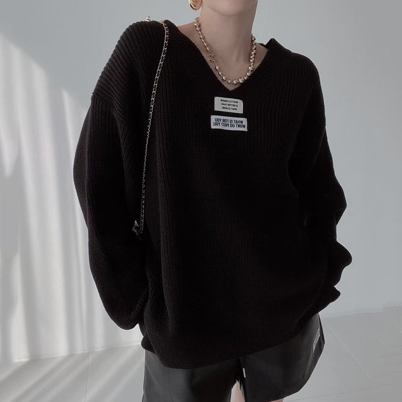 Løs pullover-sweater til kvinder i koreansk stil med V-hals