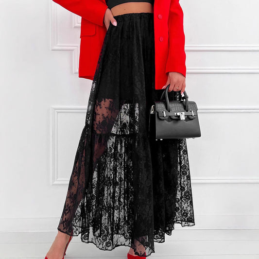 Sheer Polyester Lace A-Line Commuter Skirt