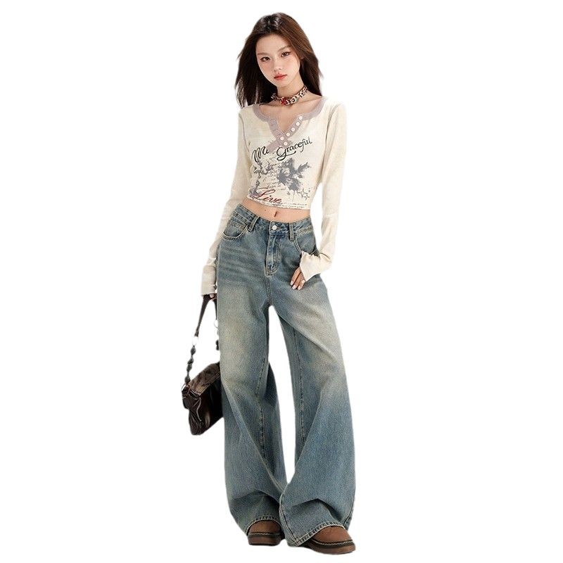Retro lige løse faldende jeans med vide ben, der passer til alt