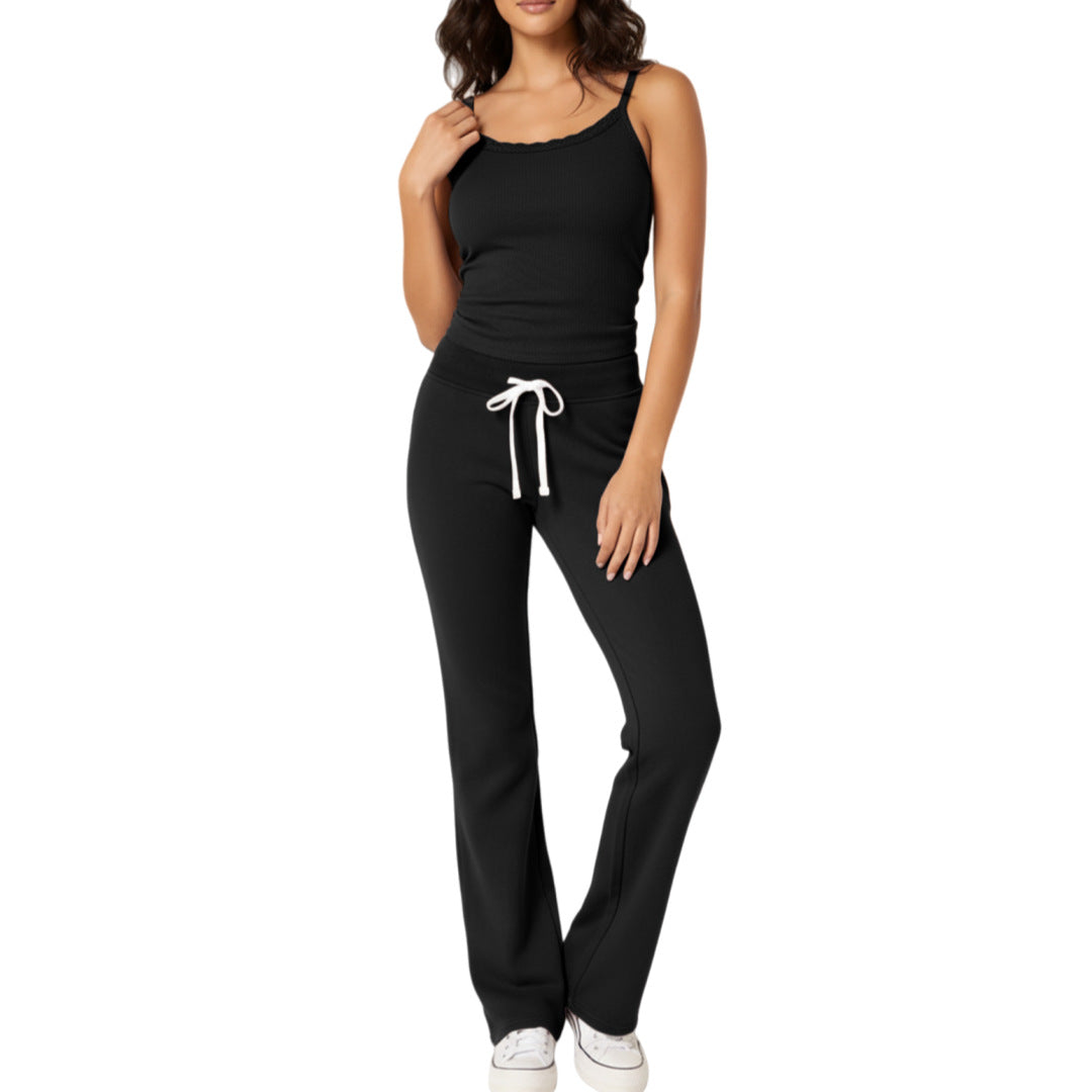 Fashionable Casual Top And High-waisted Drawstring Pants Set