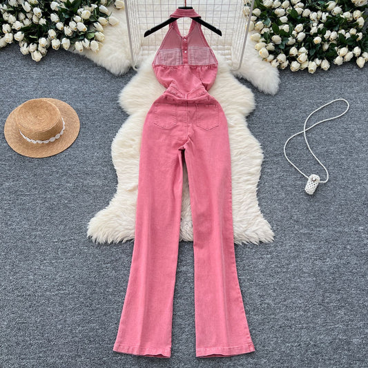 Single-breasted High Waist Slimming Slim Fit Backless Denim Jumpsuit