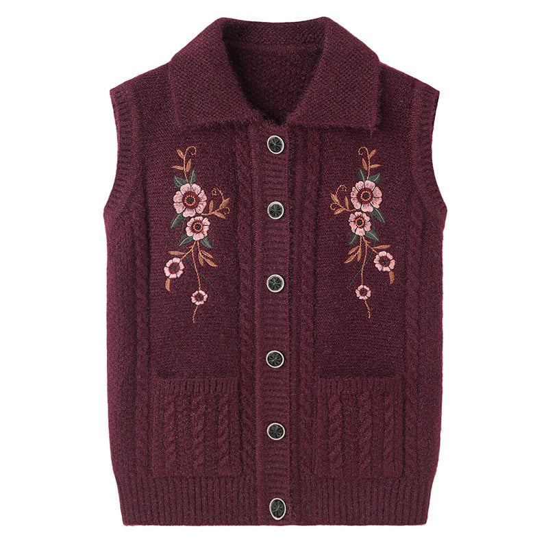 Waistcoat Embroidered Elderly Winter Vest Lapel