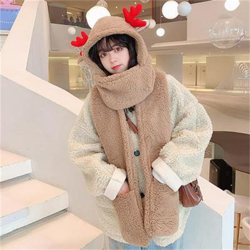 Women's Christmas Antlers Cute All-match Gloves Scarf Hat