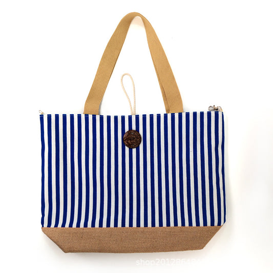 New Striped Canvas Large-Capacity Shoulder Commuter Tote Bag