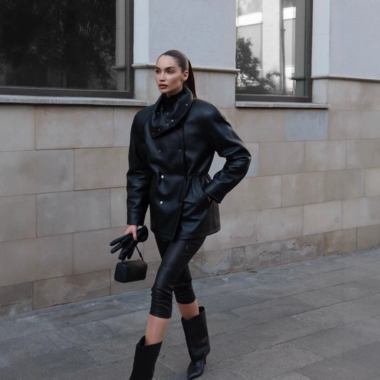 Women's Fashion Black Mid-length Leather Jacket