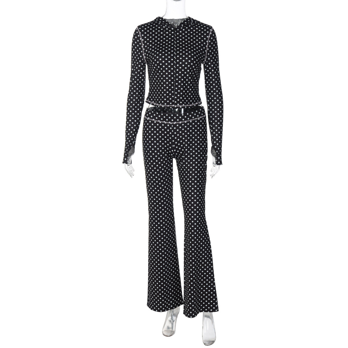 Cardigan With Dots Hooded Top Low Waist Contrast Color Trousers Suit