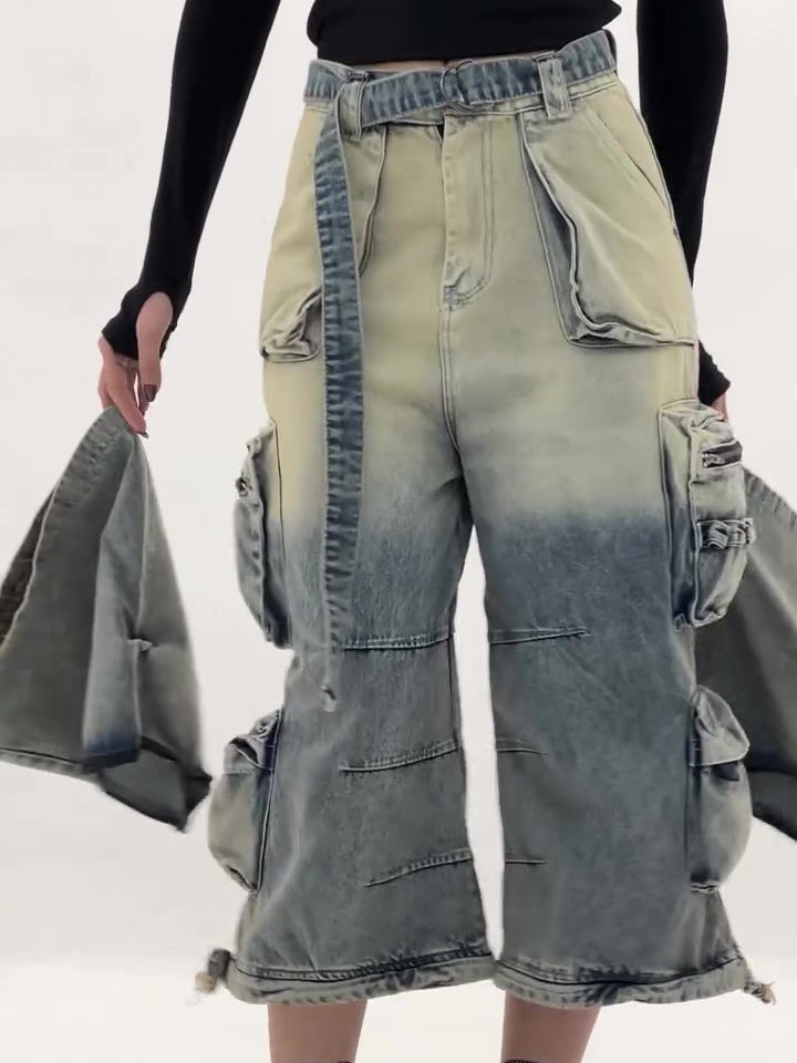 Højtaljede Ombre Cargo Jeans Med Flere Lommer