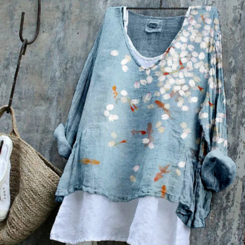 Sakura Art Linen Blend Cozy Flowy Long-sleeve Top