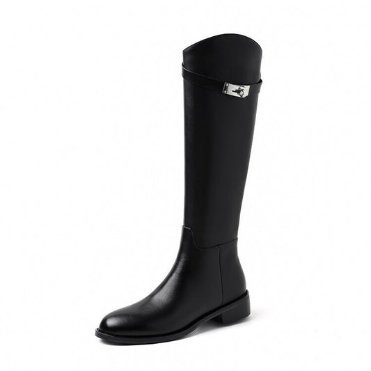 First Layer Cowhide Lock Knight Boots Big Tube Circumference Genuine Leather Below The Knee High Boots