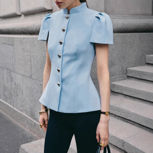 Women's Elegant Stand Collar Lantern Short Sleeves