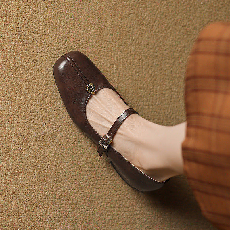 The Woman Is Wearing Low-heeled Mary Jane Shoes