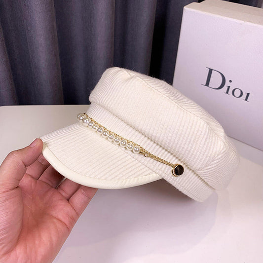 Autumn And Winter Pearl Chain Flat Top Navy Hat Women