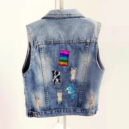 Women's Short Slim Denim Vest Personalized