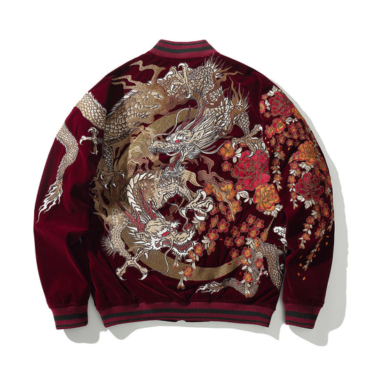 Embroidered Dragon Mens Casual Baseball Jacket With Two Dragons Playing With A Pearl Design