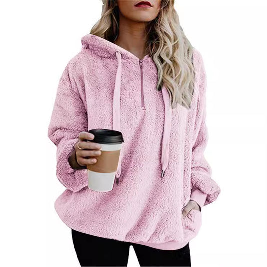 Langærmet lynlås hættefarve kvinders sweatshirt fleecejakke