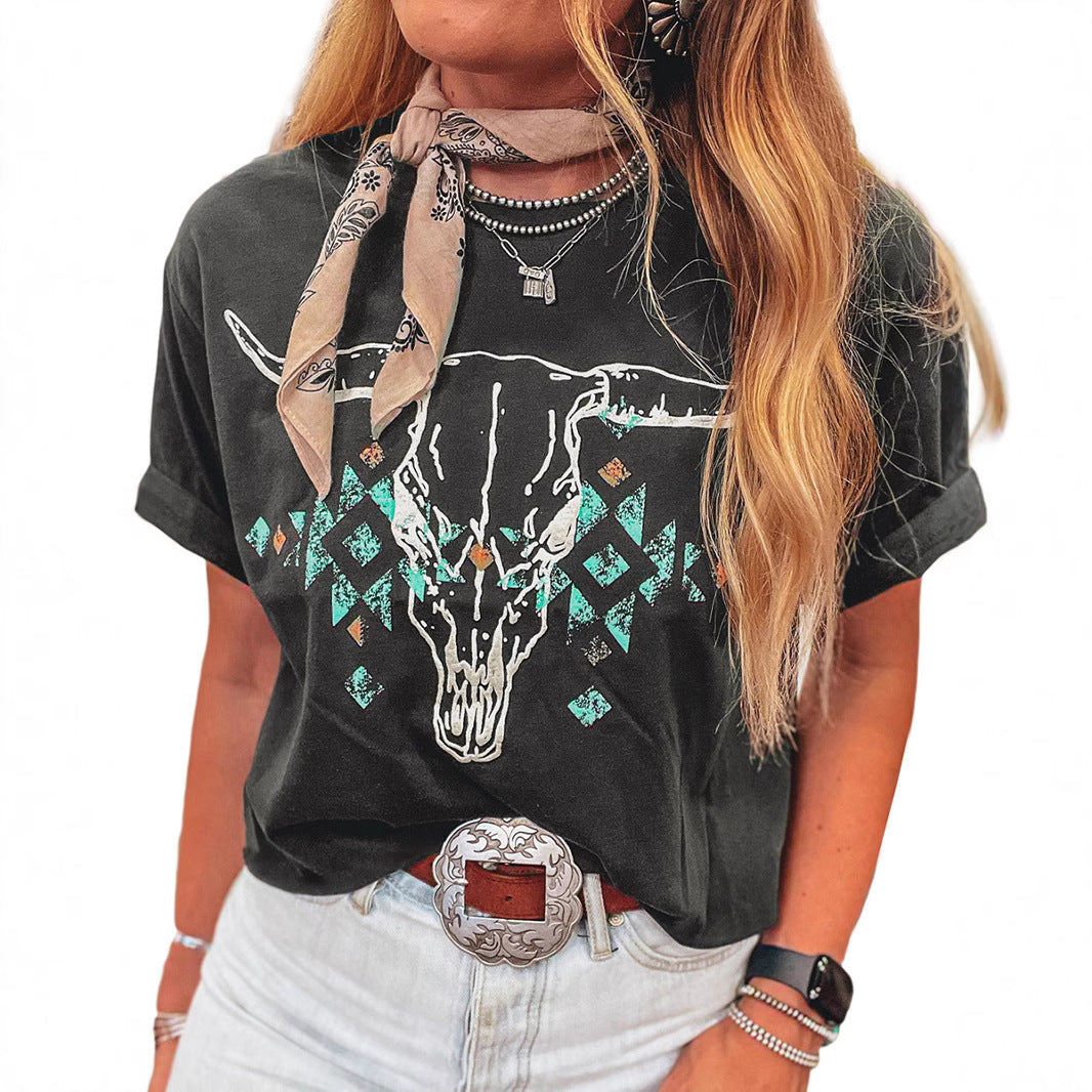 Retro Western-Print Loose T-Shirt In European And American Style
