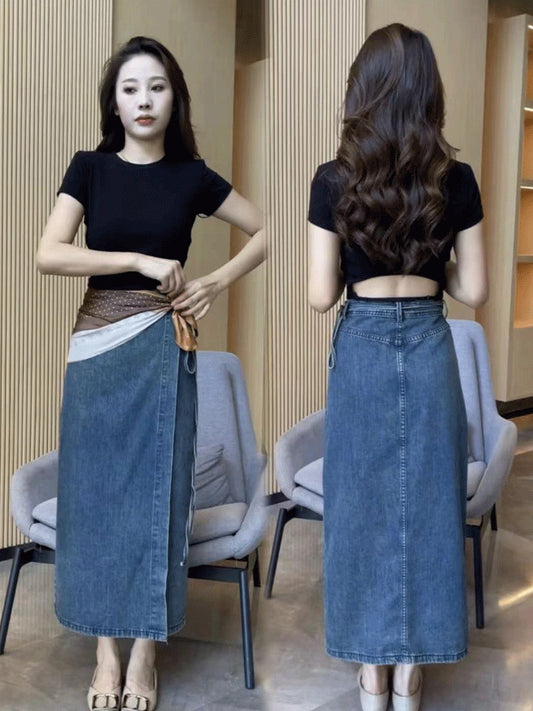 Women's Waist Slit Blue Denim Skirt