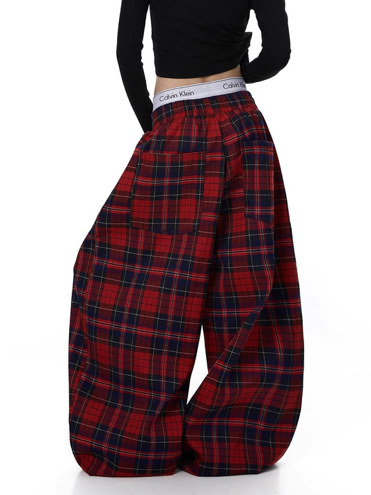 Womens Retro Effortless American-Style Drawstring Red Plaid Pants
