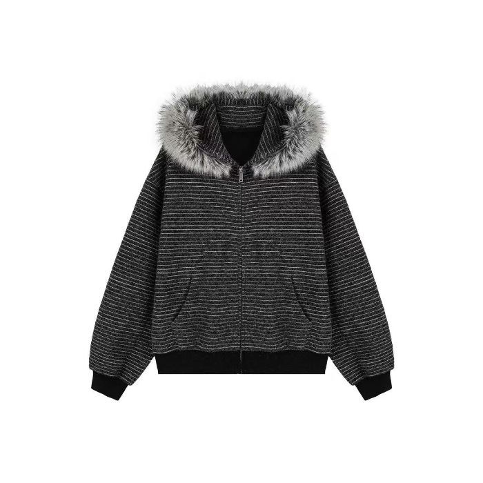 Vintage Fur Collar Couple Hooded Zipper Cardigan Sweater