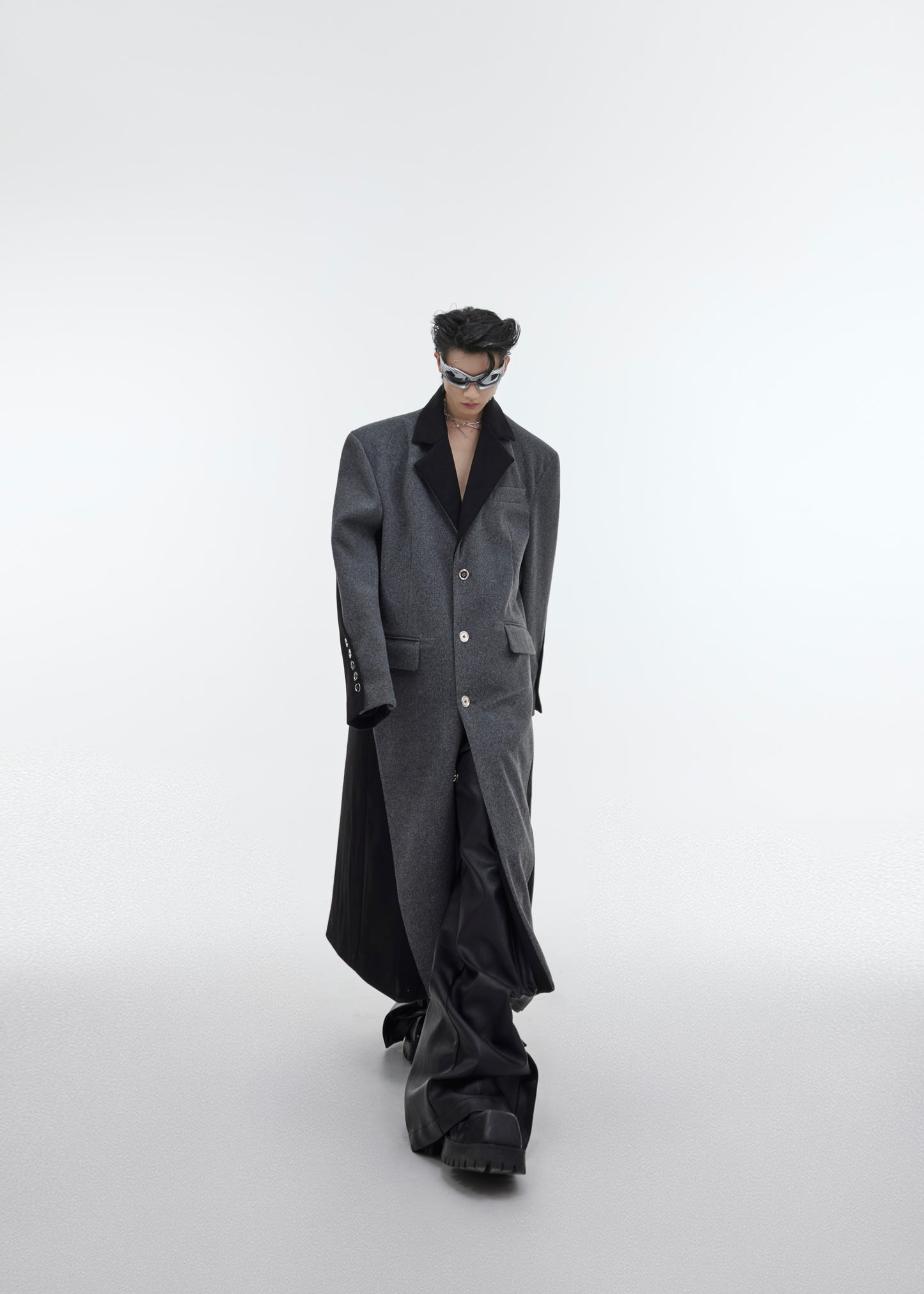 Contrast Color Patchwork Long Knee Length Woolen Coat