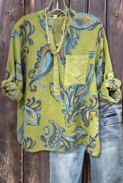 Youthful Green Pattern Print Long Sleeve Top