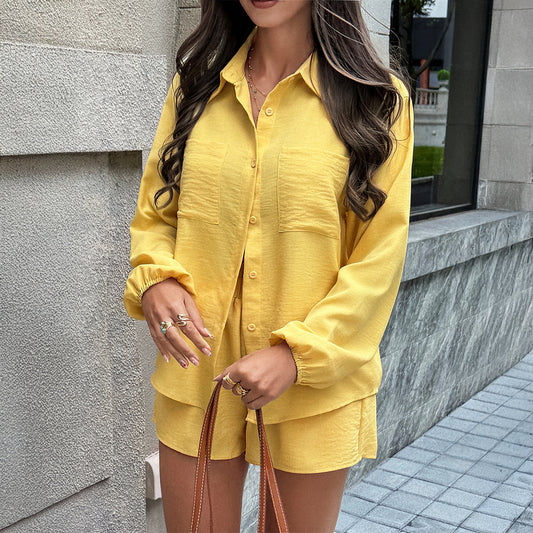 Women's High-Waisted Slim-Fit Shirt And Shorts Set