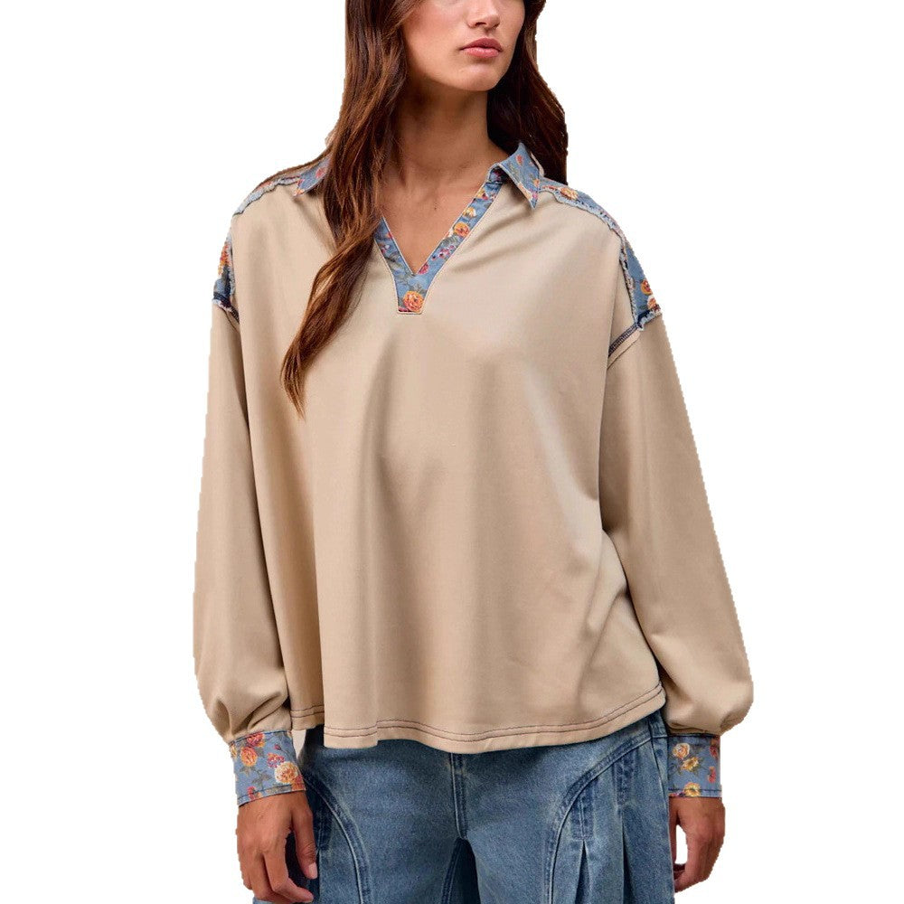 French Casual Loose Lapel Patchwork Fabric Women's Hoodie