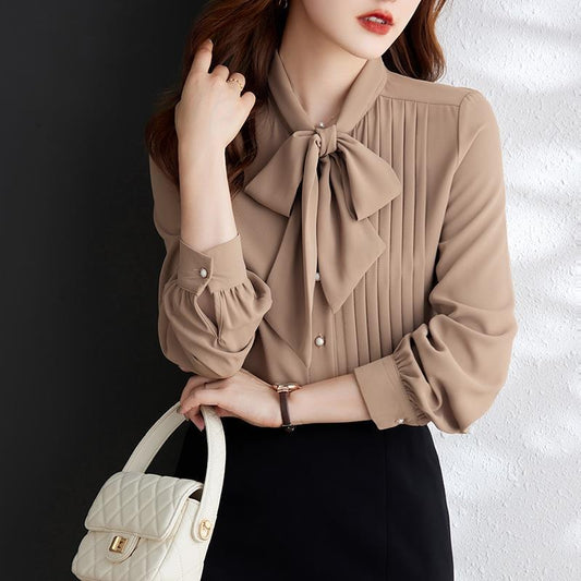 Light Brown Lacing Chiffon Long Sleeve Shirt For Women